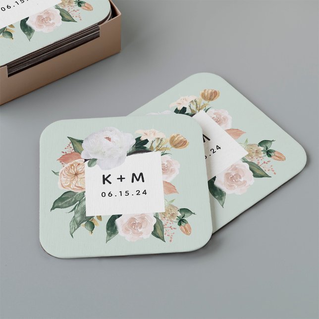 Boho Blooms Modern Floral Wedding Monogram Square Paper Coaster (Creator Uploaded)