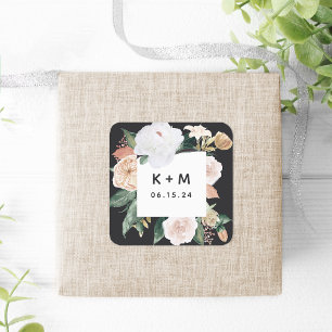 Boho Blooms Modern Floral Wedding Monogram Square Sticker