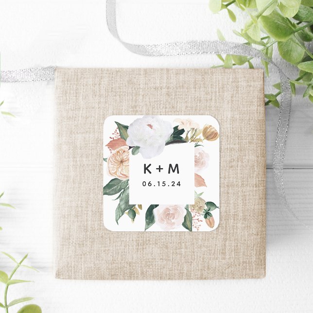 Boho Blooms Modern Floral Wedding Monogram Square Sticker (Creator Uploaded)