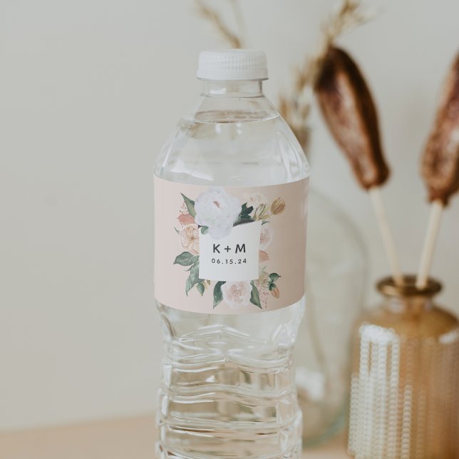Boho Blooms Modern Floral Wedding Monogram Water Bottle Label (Creator Uploaded)
