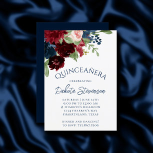 Boho Blooms Rustic Navy and Burgundy Birthday Invitation