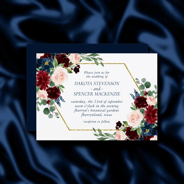 Boho Blooms | Rustic Navy and Burgundy Bouquet Invitation (Creator Uploaded)