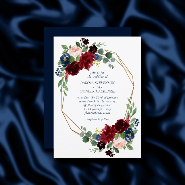 Boho Blooms | Rustic Navy and Burgundy Bouquet Invitation (Creator Uploaded)