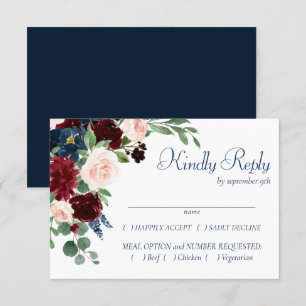 Boho Blooms Rustic Navy and Burgundy Entree RSVP Card