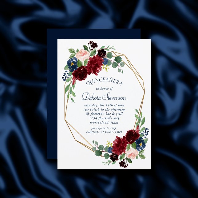 Boho Blooms | Rustic Navy and Burgundy Quinceanera Invitation (Creator Uploaded)