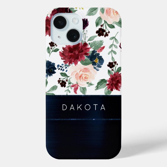 Boho Blooms | Rustic Navy Blue and Burgundy Custom Case-Mate iPhone Case (Back)