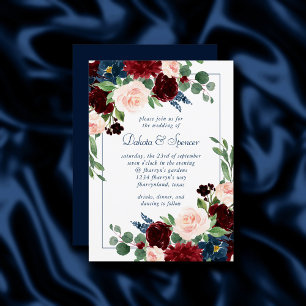 Boho Blooms   Rustic Navy Blue and Burgundy Red Invitation