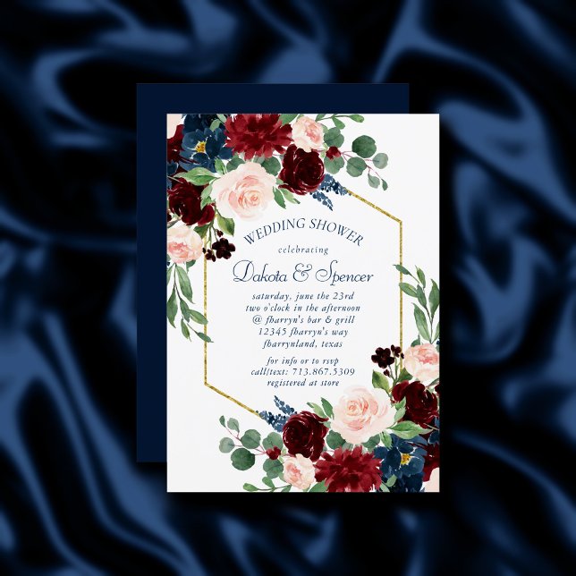 Boho Blooms | Rustic Navy Blue and Burgundy Shower Invitation (Creator Uploaded)
