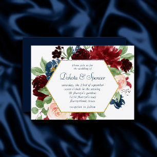 Boho Blooms   Rustic Navy Blue and Burgundy Wreath Invitation