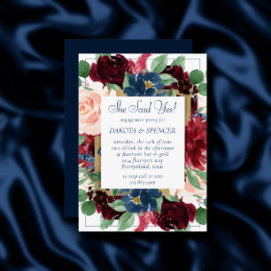 Boho Blooms   Rustic Navy Blue and Burgundy Wreath Invitation