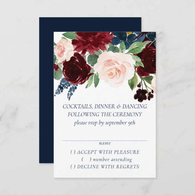Boho Blooms | Rustic Navy Blue and Burgundy Wreath RSVP Card (Front/Back)