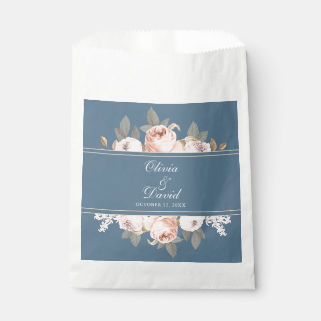 Boho Blue and Blush Peonies Wedding Favour Bags (Front)