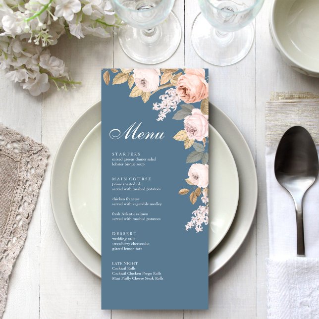 Boho Blue and Blush Peonies Wedding Menu Card (Boho Blue and Blush Peonies Wedding Menu Card on a boho white wedding dinner tabel.)