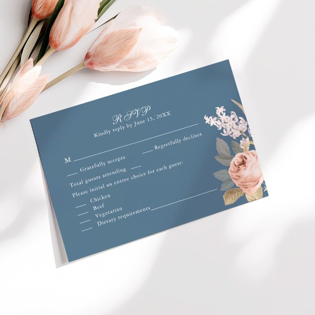 Boho Blue and Blush Peonies Wedding RSVP Card (Boho Blue and Blush Peonies Wedding RSVP Card on a sunny white table with pale pink flowers.)
