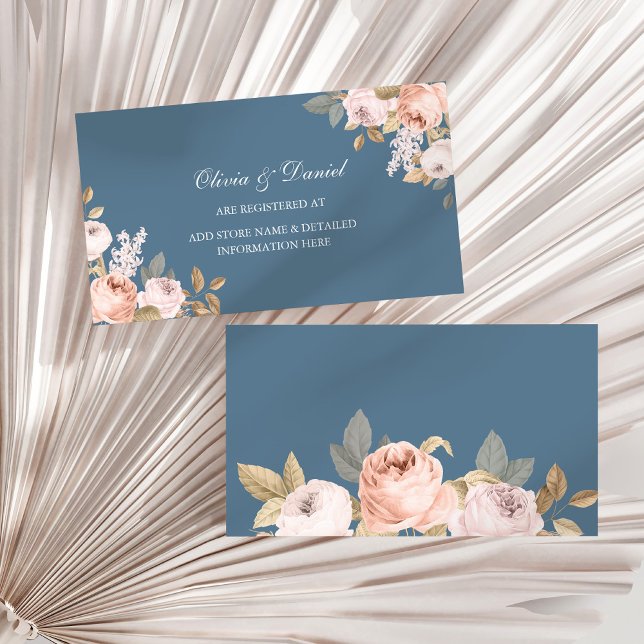 Boho Blue and Blush Peonies Wedding RSVP Card (Boho Blue and Blush Peonies Wedding Registry Card on a sunny white dry palm leaf.)