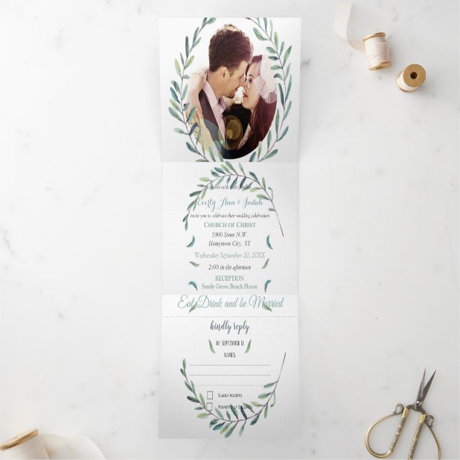 Boho Blue and Green Wreath Wedding Tri-Fold Invitation (Inside)