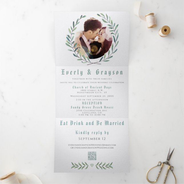 Boho Blue and Green Wreath Wedding Tri-Fold Invitation (Inside)