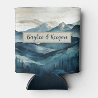 Boho Blue and Tan Mountain Can Cooler