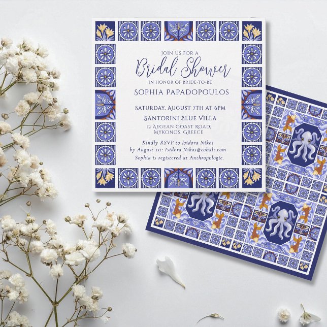 Boho Blue and White Mediterranean Bridal Shower  Invitation (Creator Uploaded)