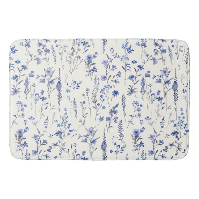 Boho Blue and White Wildflowers Bath Mat (Front)