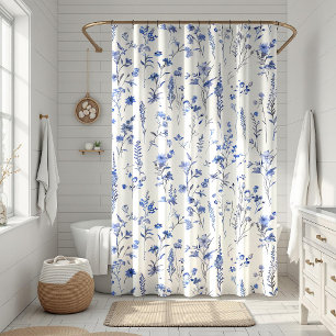 Boho Blue and White Wildflowers Shower Curtain