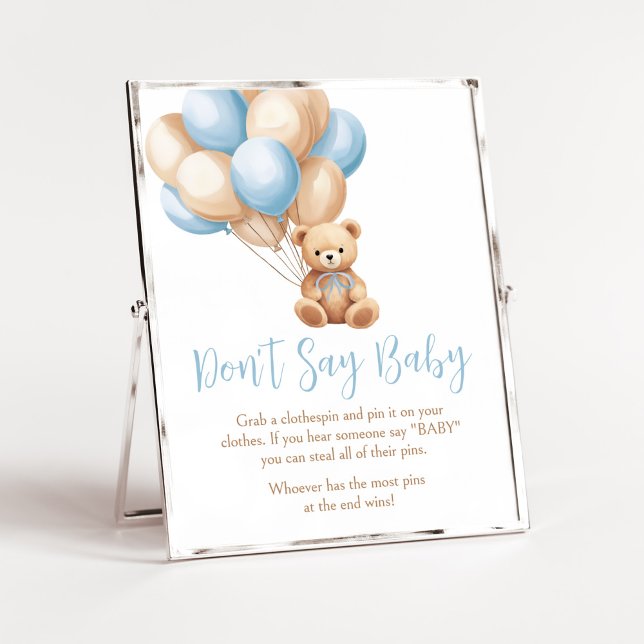 Boho Blue Balloon Bear Baby Shower Don't Say Baby Poster (We Can Bearly Wait Boy Baby Shower Don't Say Baby Sign)