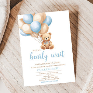 Boho Blue Balloon Bear Baby Shower Invitation
