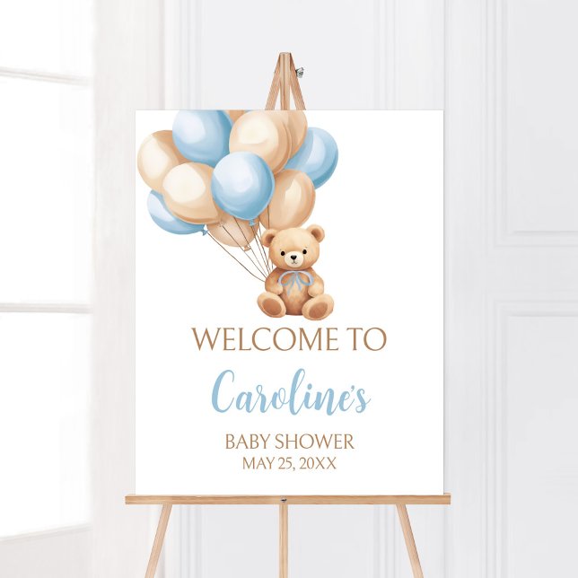 Boho Blue Balloon Bear Baby Shower Welcome Poster (We Can Bearly Wait Boy Baby Shower Welcome Sign)