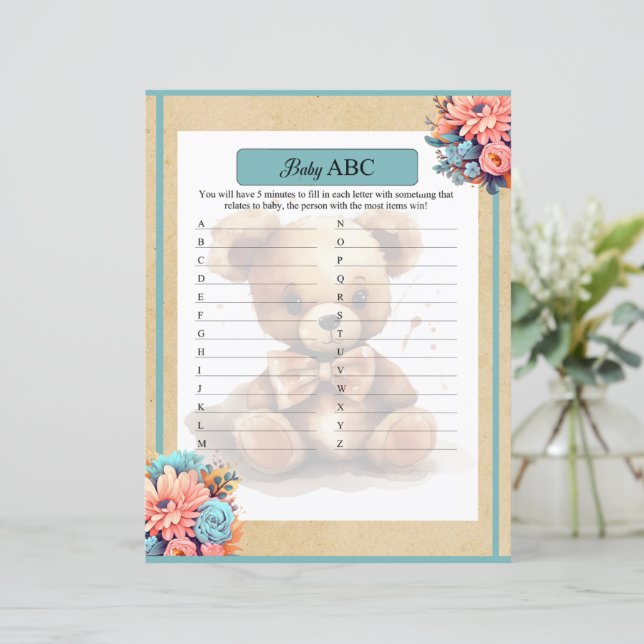 Boho Blue Bear Baby Shower ABC Game (Standing Front)