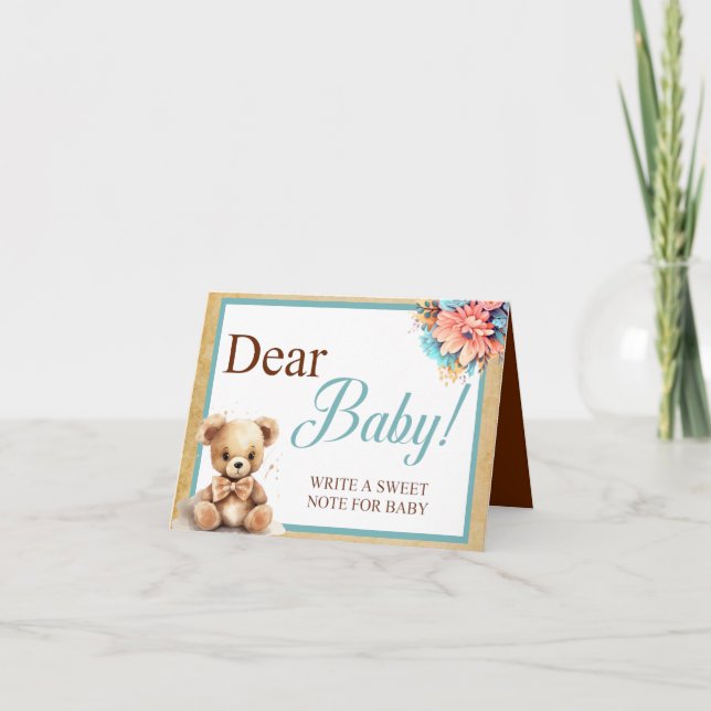 Boho Blue Bear Baby Shower Dear Baby Table Card (Front)