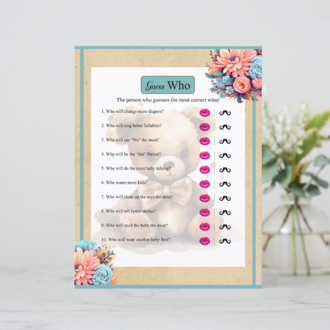 Boho Blue Bear Baby Shower Guess Who Game (Standing Front)