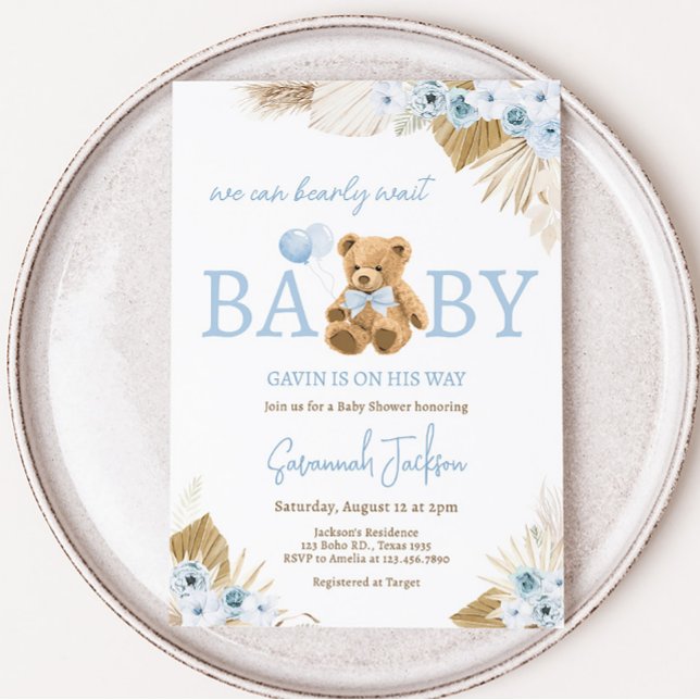 Boho Blue Bear Baby Shower  Invitation (Blue Pampas Grass Teddy Bear Baby Shower Invitation)