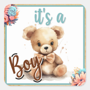 Boho Blue Bear Baby Shower Square Sticker