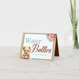 Boho Blue Bear Baby Shower Water Bottle Table Card