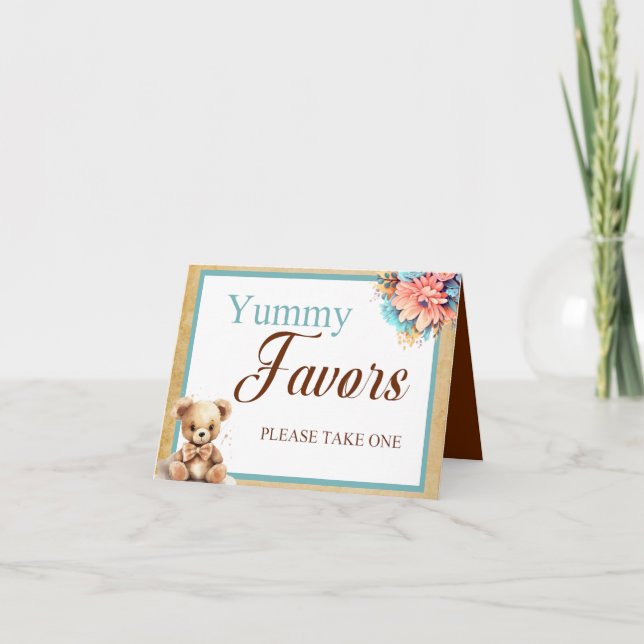 Boho Blue Bear Baby Shower Yummy Favours Table Card (Front)