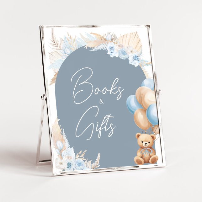 Boho Blue Bear Balloon Baby Shower Books and Gifts Poster (Sage Blue Balloons Baby Shower Books and Gifts Sign)