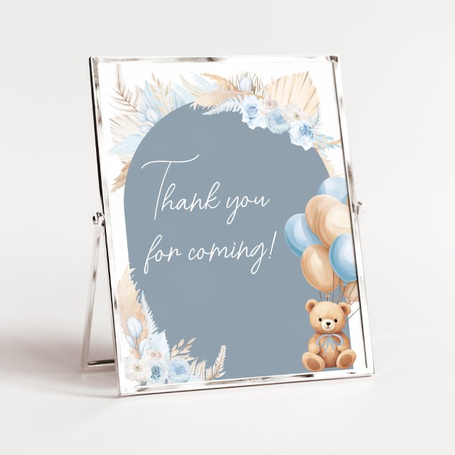 Boho Blue Bear Balloon Thank you for Coming Poster (Sage Blue Balloons Baby Shower Thank you for Coming Sign)