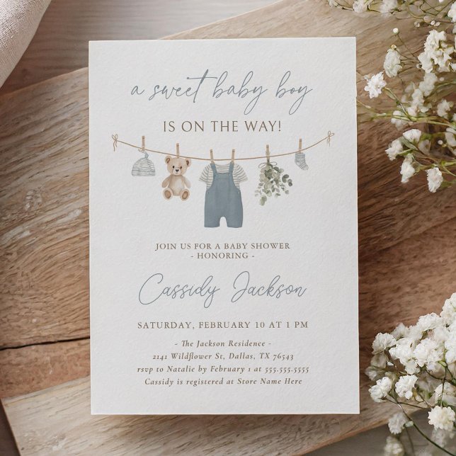 Boho Blue Boy Baby Clothes Baby Shower Invitation (Creator Uploaded)