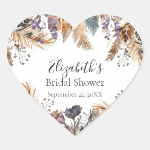 Boho Blue Brown Botanical Palm Pampas Grass Bridal Heart Sticker