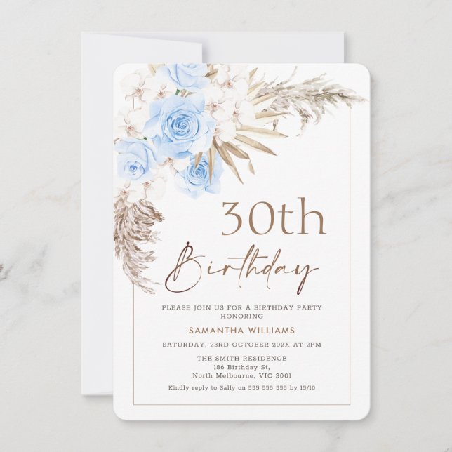 Boho Blue Brown Floral Pampas Grass Birthday Invitation (Front)