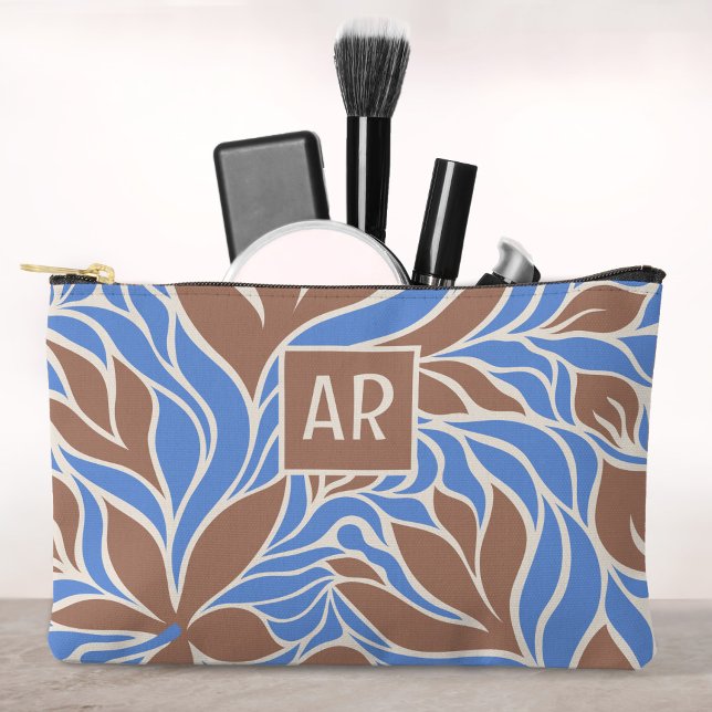Boho Blue & Brown Modern Floral Pattern Monogram Accessory Pouch (Cool Mocha & Blue Modern Floral Pattern Monogram Accessory Pouch)