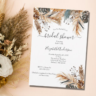 Boho Blue Brown Pampas Grass Palm Leaves Bridal Sh Invitation