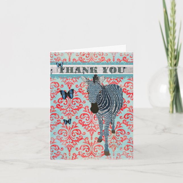 Boho Blue Butterflies & Zebra Thank You Card (Front)