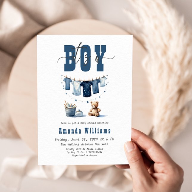 Boho Blue Clothesline Sweet Its a Boy Baby Shower Invitation (Creator Uploaded)