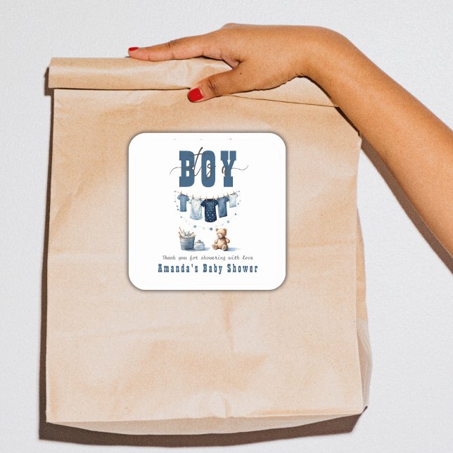 Boho Blue Clothesline Sweet Its a Boy Baby Shower Square Sticker (Creator Uploaded)