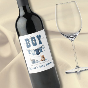 Boho Blue Clothesline Sweet Its a Boy Baby Shower Wine Label