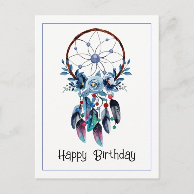 Boho Blue Dreamcatcher Feather Floral Happy Bday Postcard (Front)