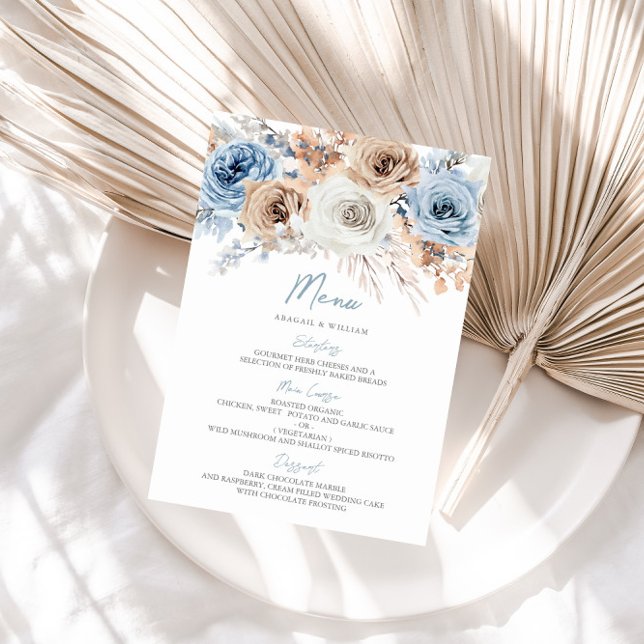 Boho Blue Dusty Blue Bohemian Floral Wedding Menu (Creator Uploaded)