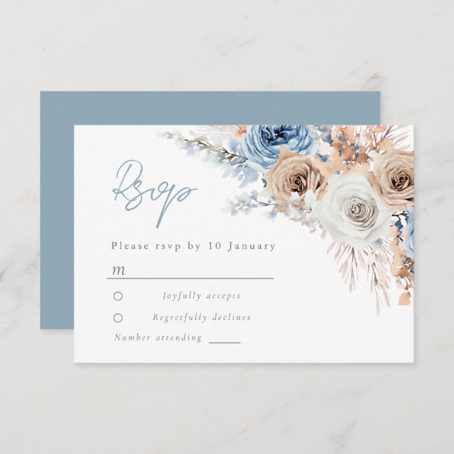 Boho Blue: Dusty Blue Bohemian Floral Wedding RSVP Card (Front/Back)