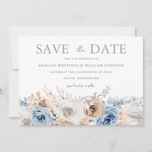 Boho Blue: Dusty Blue Bohemian Floral Wedding Save The Date (Front)